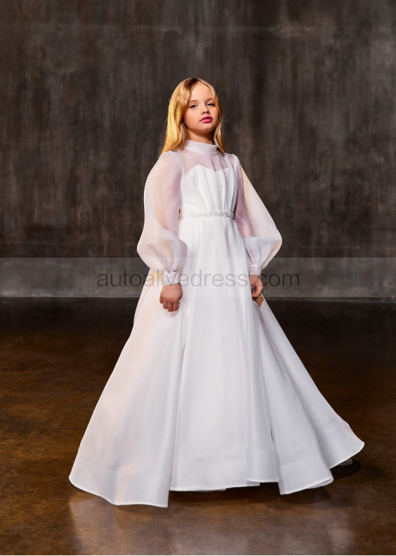 White Organza Pearl Buttons Back Flower Girl Dress White Organza Pearl Buttons Back Flower Girl Dress